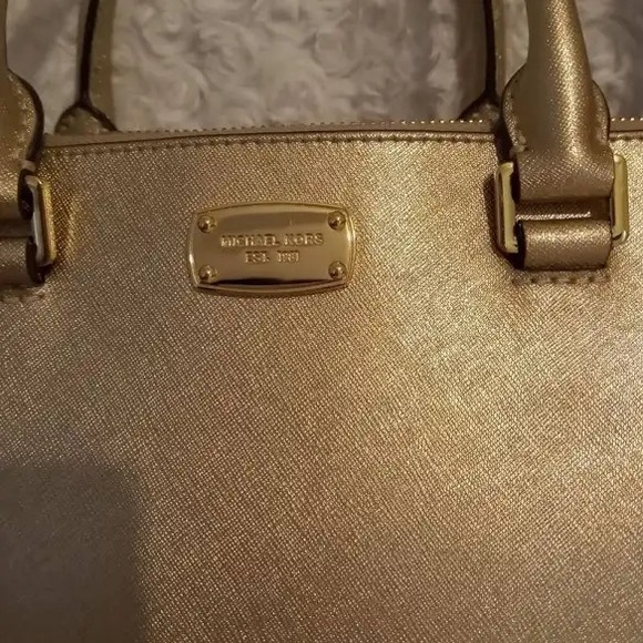 Michael Kors Kellen Medium Saffiano Leather Satchel Handbag Metallic Gold - Picture 4 of 11